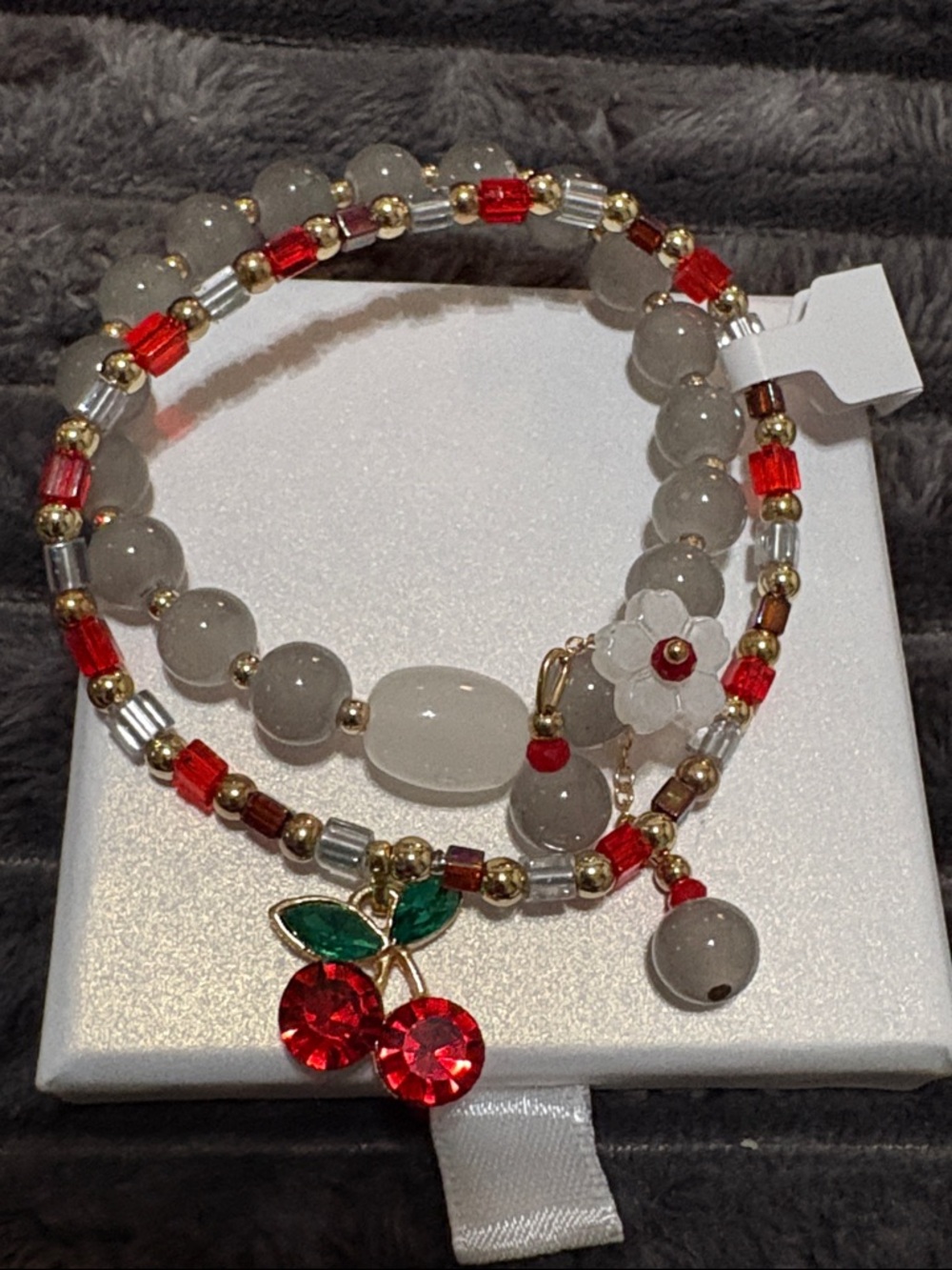 Bracelet set of 2 Stretchy Cherry Charm Red & Gray flower”Beautiful”